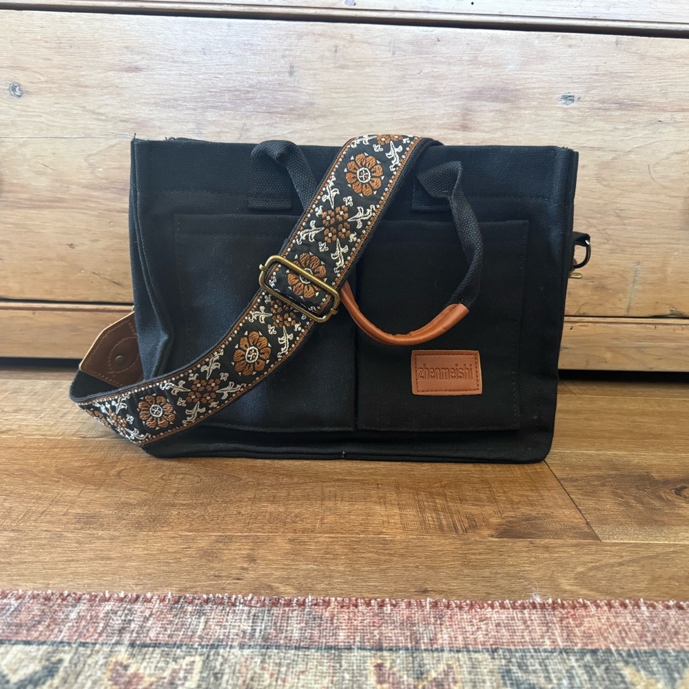 Black  Bag with Patterned Strap